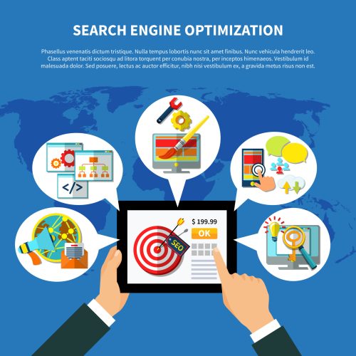 SEO Services Worldwide Concept Search engine optimization concept with hands holding tablet surrounded by thought bubble compositions of web icons vector illustration